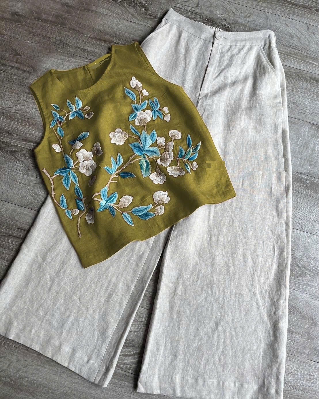 Set  Bộ Thời trang Linen Thêu Hoa QA61